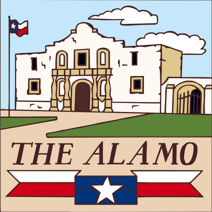 Illustration of The Alamo with a Texas flag on a blue background