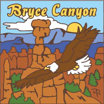 Illustration of Bryce Canyon with an eagle flying over rock formations and trees.