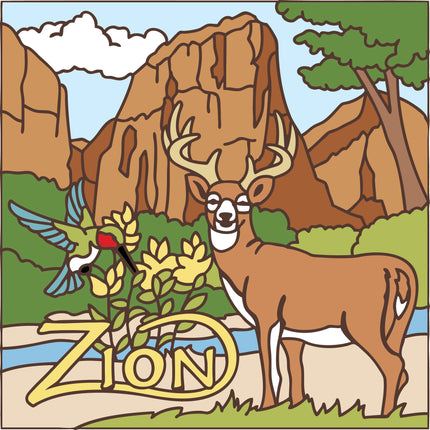 Cartoon deer with mountains and trees in the background, featuring the word 'Zion'.