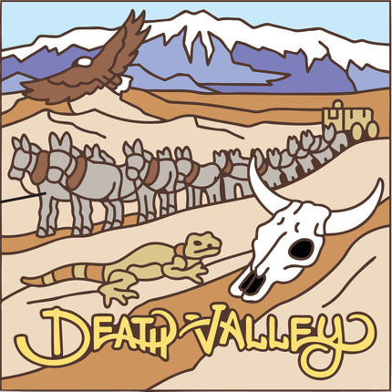 Cartoon illustration of a donkey train in Death Valley with mountains and an eagle in the background.