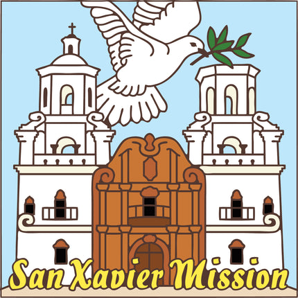 Illustration of San Xavier Mission with a dove and olive branch on a light blue background, San Xavier del Bac Mission Tile | Hand-Glazed Tucson Souvenir