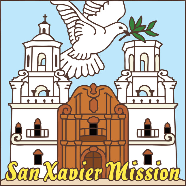 Illustration of San Xavier Mission with a dove and olive branch on a light blue background, San Xavier del Bac Mission Tile | Hand-Glazed Tucson Souvenir