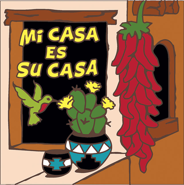"Mi casa es su casa" with Chili and Cactus |  Ceramic Tile Welcome Plaque | Unique Housewarming Gift