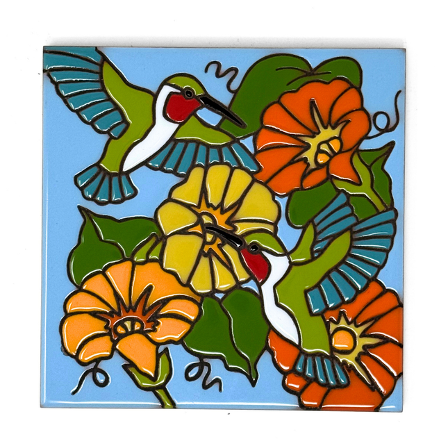 Hummingbird and Flowers |  Ceramic Tile Wall Art | Kitchen Trivet | Garden Gift | Floral Art