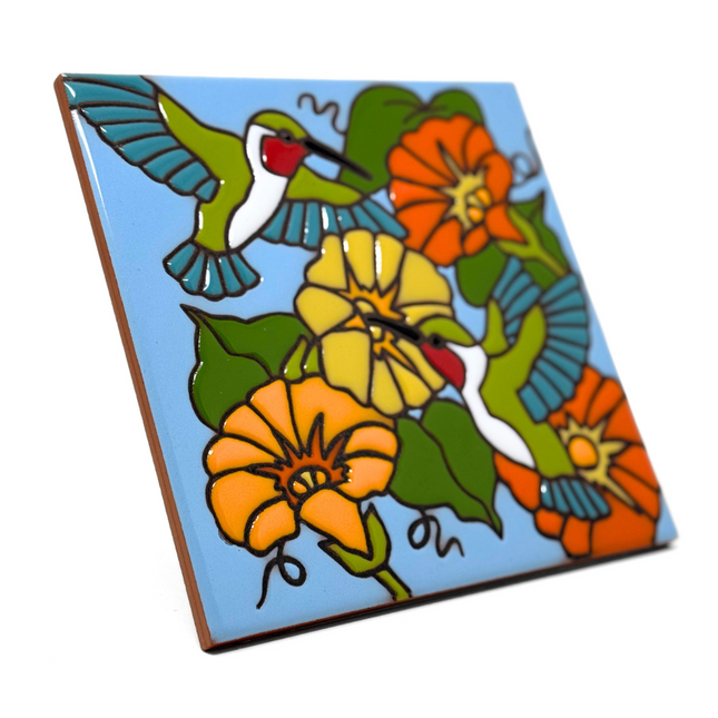 Hummingbird and Flowers |  Ceramic Tile Wall Art | Kitchen Trivet | Garden Gift | Floral Art