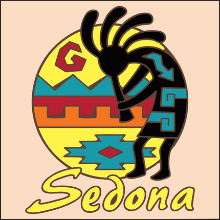 Colorful Kokopelli figure with geometric patterns and 'Sedona' text on a beige background Sedona Kokopelli Tile | 6"x6" Hand-Glazed Ceramic Trivet or Wall Art | Arizona Souvenir Gift 