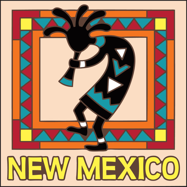 Decorative design with a traditional New Mexico Kokopelli figure and colorful geometric border.