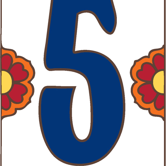Decorative tile with the number 5 in blue, surrounded by floral designs on a white background