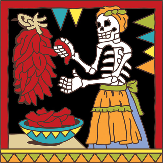Day of the Dead Señora Chili Ristra Tile | Dia de los Muertos Art | Hand Glazed Tile Trivet | Southwestern Wall Decor | Family Memorial Kitchen Gift