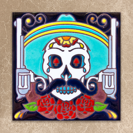 Decorative tile with a colorful skull design, roses, and guns on a beige background