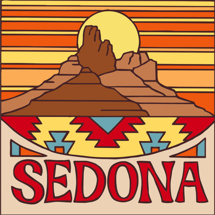 Sedona-themed graphic with desert landscape and geometric patterns on a colorful background, Sedona Sunset Tile – 6"x6" Hand-Glazed Ceramic Trivet or Wall Art | Arizona Souvenir Gift for Hikers & Travelers