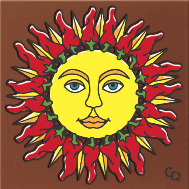 Day of the Dead Chili Sun Face Tile | Dia de los Muertos Art | Hand Glazed Tile Trivet | Southwestern Wall Decor | Chile Ristra Kitchen Gift