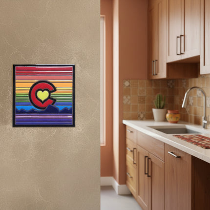 Colorful tile with a heart-shaped 'C' on a striped background