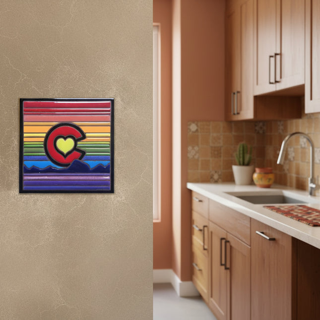 Colorful tile with a heart-shaped 'C' on a striped background