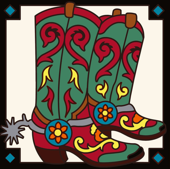 Colorful illustration of cowboy boots with decorative patterns on a white background