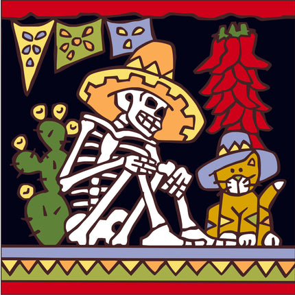Skeleton and cat with sombreros in a festive setting with cacti and chili peppers. Day of the Dead Man with Cat Tile - Cat Lover Gift - Ceramic Tile Trivet Art  | Pet Memorial Gift