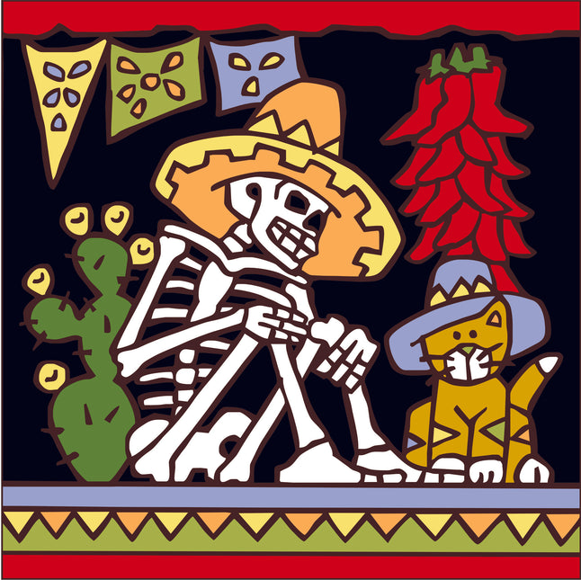 Skeleton and cat with sombreros in a festive setting with cacti and chili peppers. Day of the Dead Man with Cat Tile - Cat Lover Gift - Ceramic Tile Trivet Art  | Pet Memorial Gift