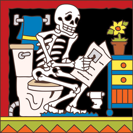 Day of the Dead Head (reading on toilet) - Ceramic Tile Trivet Art Gift | Funny Gift for Dad | Grandpa gift