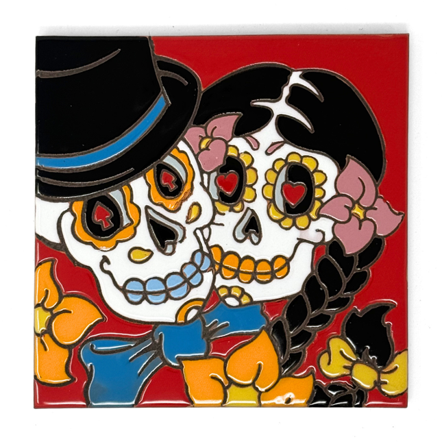 Day of the Dead Bride and Groom - Earthtones Tile - Ceramic tile house sign, wall art gift or kitchen trivet