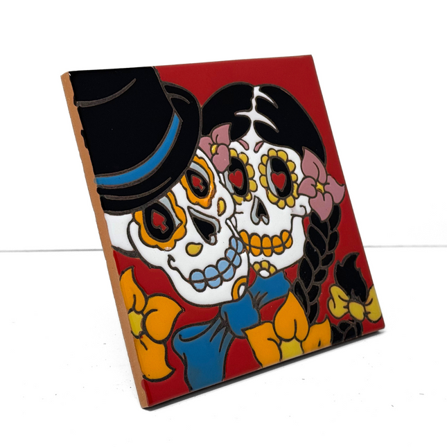 Day of the Dead Bride and Groom - Earthtones Tile - Ceramic tile house sign, wall art gift or kitchen trivet