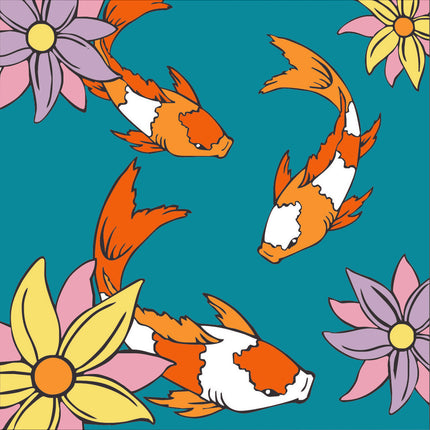 Pattern of orange and white koi fish with pink and yellow flowers on a teal background
