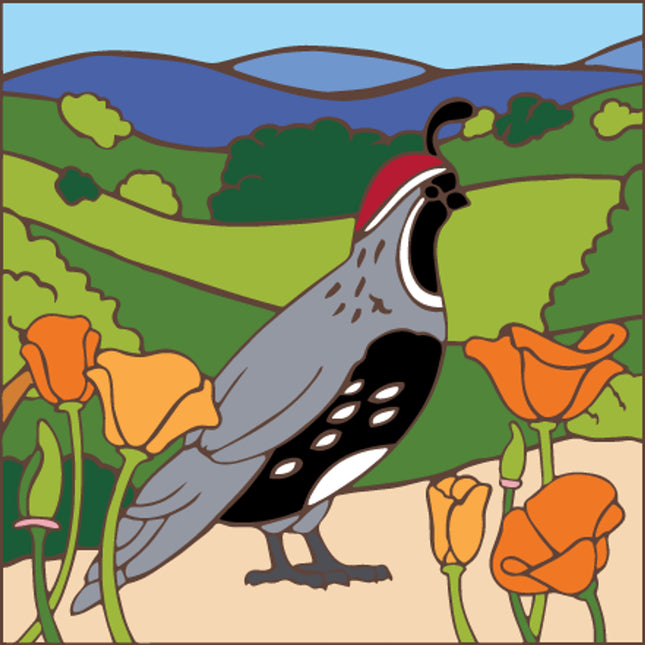 Quail With Poppies Ceramic Tile Art Trivet - Southwest art tile | California Kitchen Trivet | Unique Quail Decor