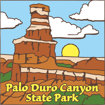 Illustration of Palo Duro Canyon State Park with a sunset and clouds. Palo Duro Canyon Park Tile | 6"x6" Hand-Glazed Ceramic Trivet or Wall Art | Texas Hiking Gift & State Park Souvenir
