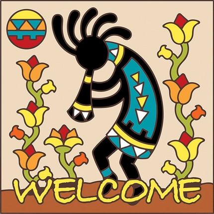Kokopelli Flower Charmer -  Ceramic Tile Welcome Plaque or Kitchen Trivet