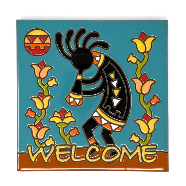 Kokopelli Flower Charmer - Earthtones Tile - Ceramic tile house sign, wall art gift or kitchen trivet