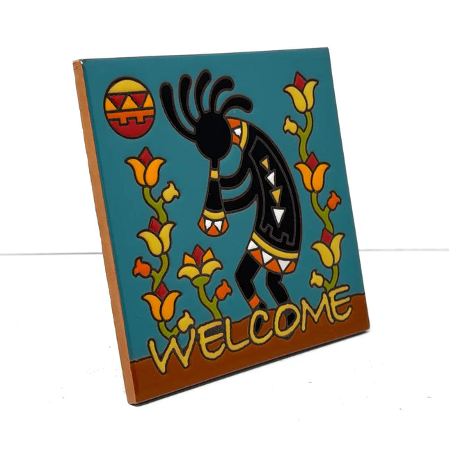 Kokopelli Flower Charmer - Earthtones Tile - Ceramic tile house sign, wall art gift or kitchen trivet