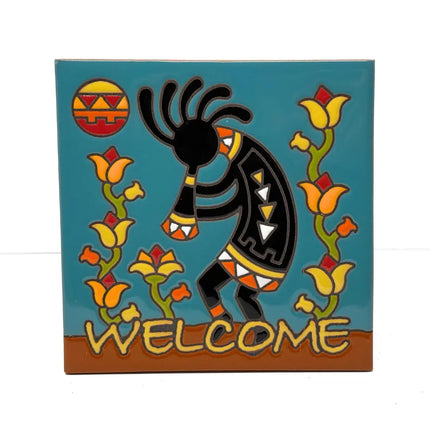Kokopelli Flower Charmer - Earthtones Tile - Ceramic tile house sign, wall art gift or kitchen trivet