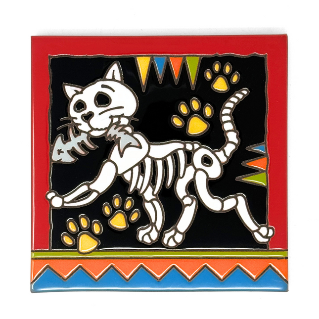Day of the Dead Cat - Earthtones Tile - Ceramic tile house sign, wall art gift or kitchen trivet