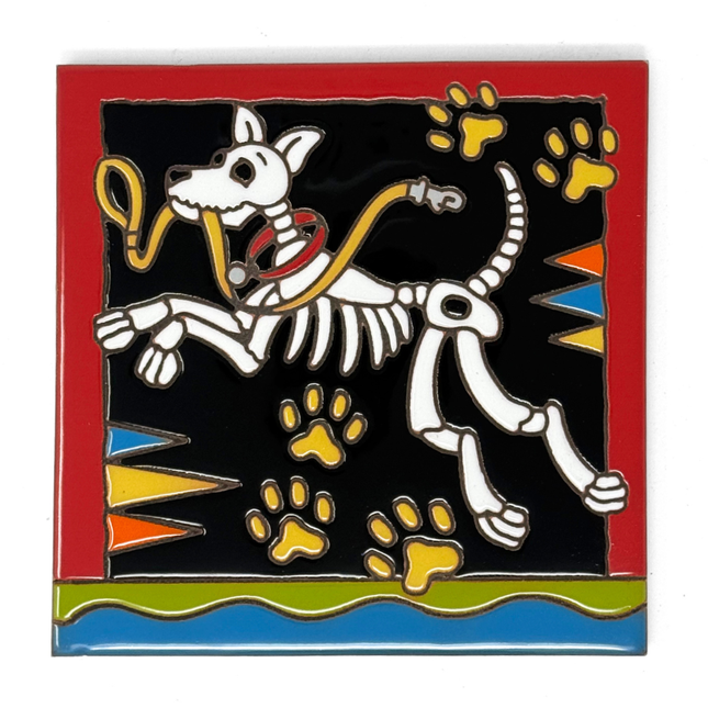 Day of the Dead Dog - Earthtones Tile - Ceramic tile house sign, wall art gift or kitchen trivet