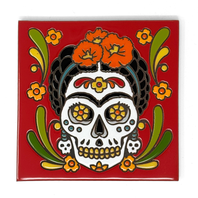 Day of the Dead Frida Kahlo - Earthtones Tile - Ceramic tile house sign, wall art gift or kitchen trivet