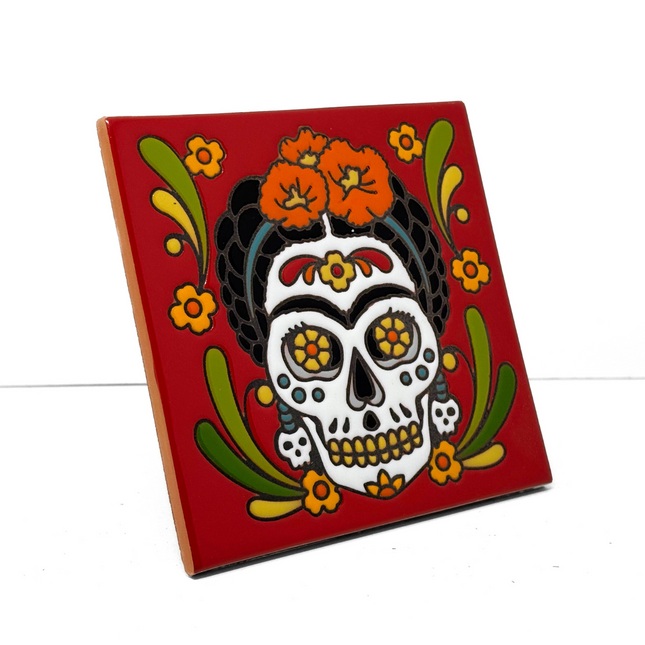 Day of the Dead Frida Kahlo - Earthtones Tile - Ceramic tile house sign, wall art gift or kitchen trivet
