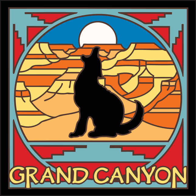Artistic depiction of a bear in the Grand Canyon with colorful border, Grand Canyon Coyote Tile | Ceramic Art Trivet | Southwest Gift | Arizona Souvenir 