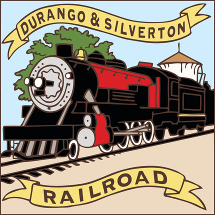 Illustration of a steam locomotive with 'Durango & Silverton Railroad' text on a colorful background. Durango & Silverton Railroad Tile | Ceramic Art Trivet | Colorado Souvenir