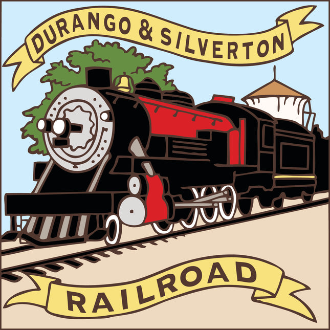 Illustration of a steam locomotive with 'Durango & Silverton Railroad' text on a colorful background. Durango & Silverton Railroad Tile | Ceramic Art Trivet | Colorado Souvenir