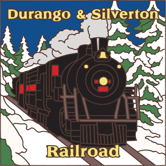Logo of Durango & Silverton Railroad with a steam locomotive on tracks surrounded by trees and snow.