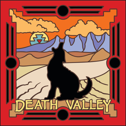 Stylized illustration of a desert landscape with mountains and a cat, framed by red borders with geometric patterns, labeled 'Death Valley'.
