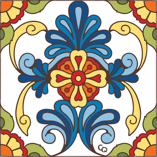 Blue talavera floral ceramic tile with multicolor design