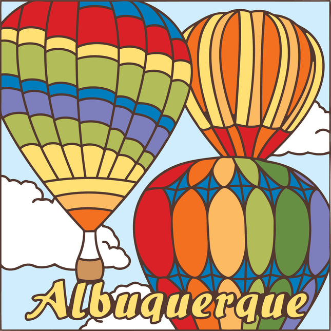 Colorful hot air balloons with 'Albuquerque' text against a blue sky.