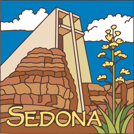 Illustration of a desert scene with a wooden structure, cacti, and the word 'Sedona' on a blue sky background.