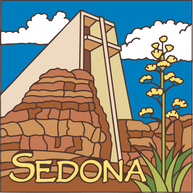 Illustration of a desert scene with a wooden structure, cacti, and the word 'Sedona' on a blue sky background.