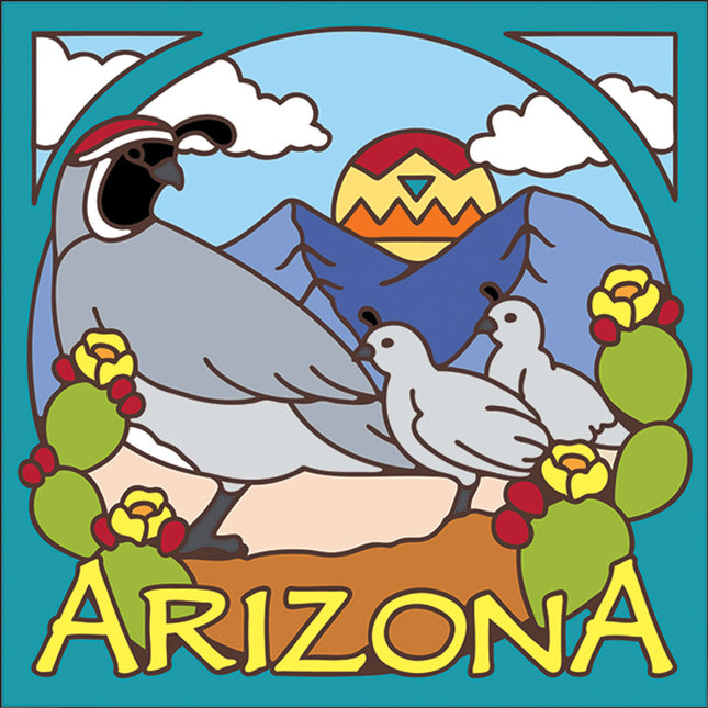 Arizona Quail and Prickly Pear cactus |  Ceramic Tile Kitchen Trivet | Southwest Desert Gift