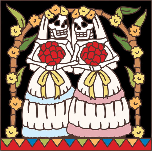 Day of the Dead Lesbian Wedding Tile | Dia de los Muertos Art | Hand Glazed Tile Trivet | Southwestern Wall Decor | Bridal Shower, Anniversary or Bride Gift