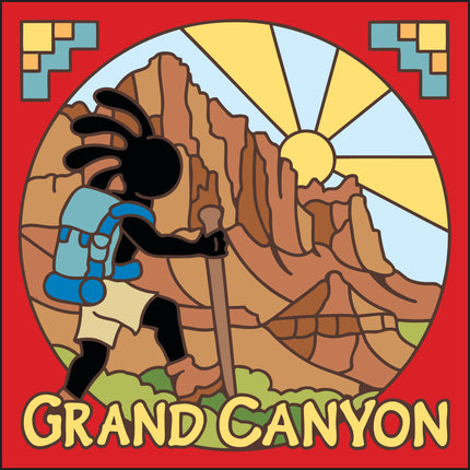 Illustration of a hiker in the Grand Canyon with a red border.