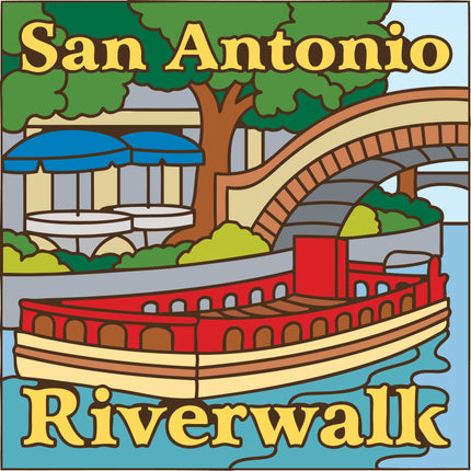 Illustration of a paddlewheel boat on water with 'San Antonio Riverwalk' text.