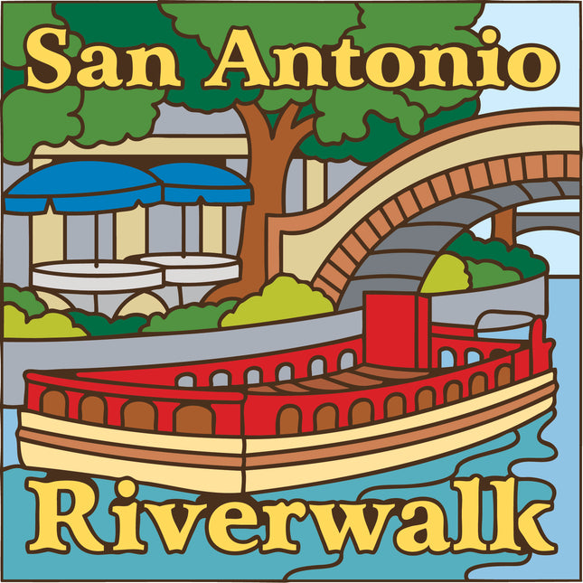Illustration of a paddlewheel boat on water with 'San Antonio Riverwalk' text.