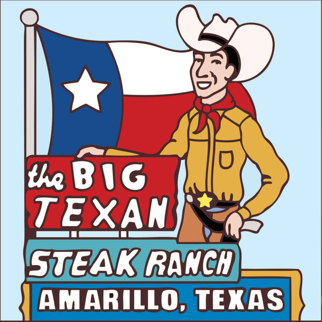 Logo of the Big Texan Steak Ranch with a cowboy and Texas flag on a light blue background